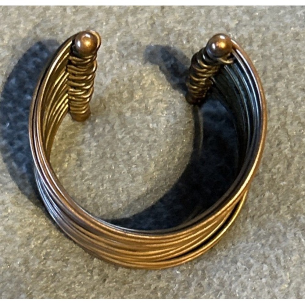 Copper Tone Coil Cuff Bangle Bracelet Wired Twisted Wide Modernist Boho 2 3/8"